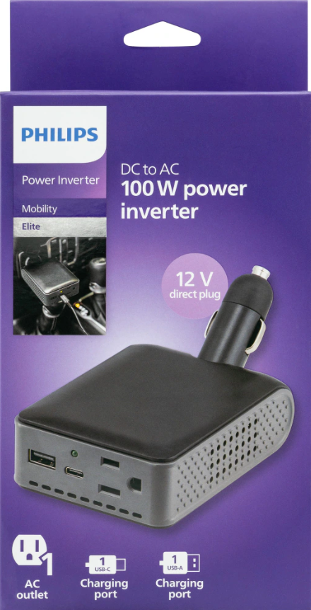 Philips Direct Plug Power Inverter 1 AC Outlet 1 USB-A 1 USB-C 100W