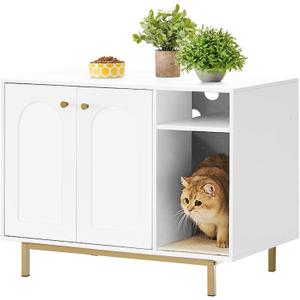 Hzuaneri Cat Litter Box Enclosure, Hidden Litter Box Furniture with Storage, Large Wooden Cabinet with Scratch Pad, Modern End Table for Living Room, Bedroom & Entryway, White and Gold, 31.4"L x 19.6"W x 24"H