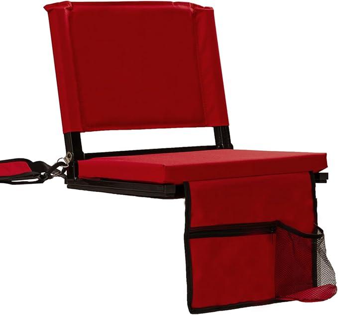 Stadium Seats with Back Support for Bleachers, Folding Bleacher Seat Bleacher Chairs with Back and Cushion, Padded Stadium Chair with Shoulder Strap, 3 Large Mesh Pocket & Carry Handle, Red