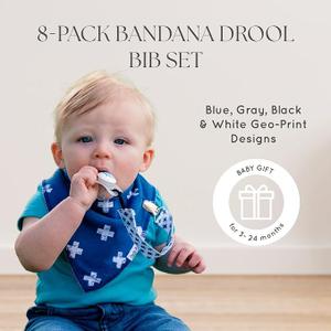 Dodo Babies Bandana Drool Bib Set Baby Essentials - 8-Piece Set Blue/Black/White - 4 Bibs, 2 Binky Clips & Pacifier Case - Cotton w/Polyester Lining & Adjustable Snaps 3-24 Months