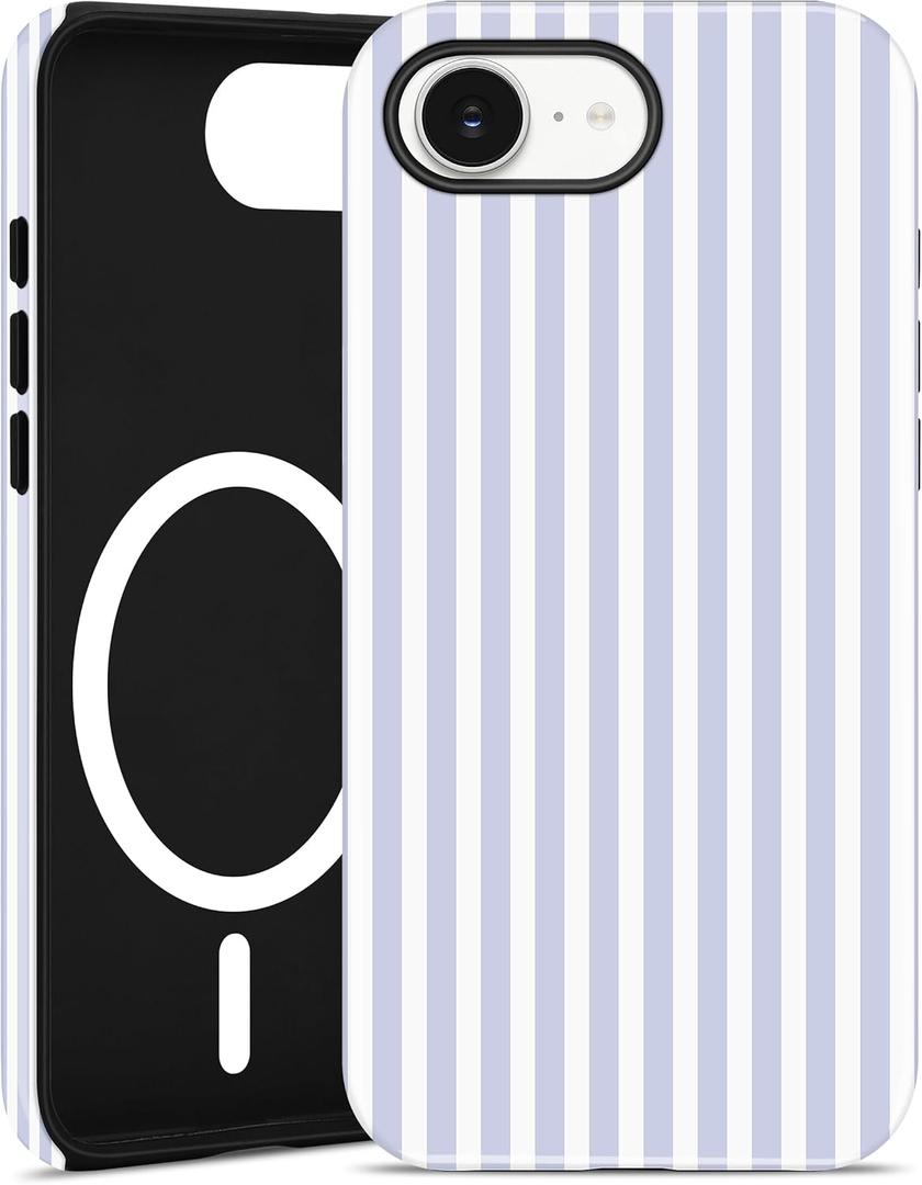 Jusy Compatible with MagSafe Striped Phone Case for iPhone 16e, Cute Aesthetic Magnetic Soft TPU and Hard PC Protective Phone Cover for Women Girls (Matte) - Blue and White