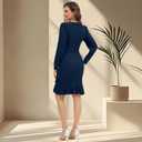 Women's Crewneck Casual Long Sleeve Sweater Dress Ruched Wrap Work Wedding Split Mini Dresses (Blue, S)