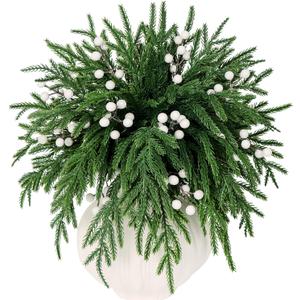 Set of 40 Artificial Norfolk Pine Branches with White Berry 12.8" Christmas Greenery Picks Norfolk Pine Stems Fake Tree Needle Sprigs for Vase Filler DIY Craft Garland Home Decorations (Green White)