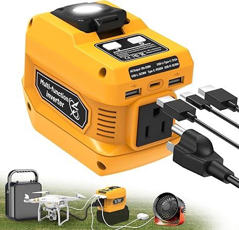 220W Power Inverter Compatible with Dewalt 20V Battery, DC 20V to AC 110V Inverter, Portable Power Station Generator with 1 AC Outlet, 2 USB Ports & 1 TypeC Fast Charging, 400LM LED Work Light