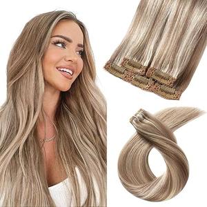 FUBILI Clip in Hair Extensions Ash Brown Highlights Platinum Blonde Remy Hair 30g 1 pc 16 Inch Real Human Hair Extensions For women
