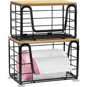 2 Pack Trash Bag Holder - Extra Large Stackable Storage for Kitchen Pantry Laundry Room Organization, Wall Mount Garbage Bag Dispenser with Bamboo Top for Under Sink Organizer, Fits 13/30/33 Gallons