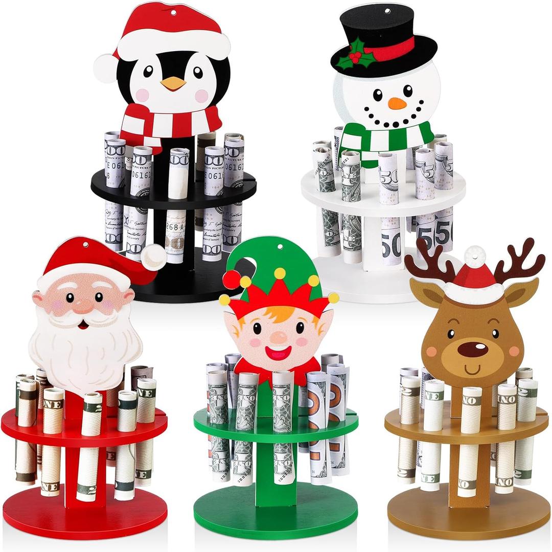 Thyle 5 Pcs Christmas Money Holder Ornaments for Cash Gift Holders with 10 Holes Wooden Balloon Cake Christmas Money Banks Tree Santa Claus Ornaments Holiday Party(Christmas)