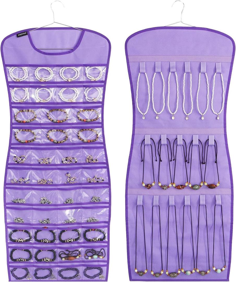 Dual sided Jewelry Hanging Organizer Closet Necklace Holder for Earrings Bracelets Rings with 42 Clear Pockets and 17 Hook Loops (Purple