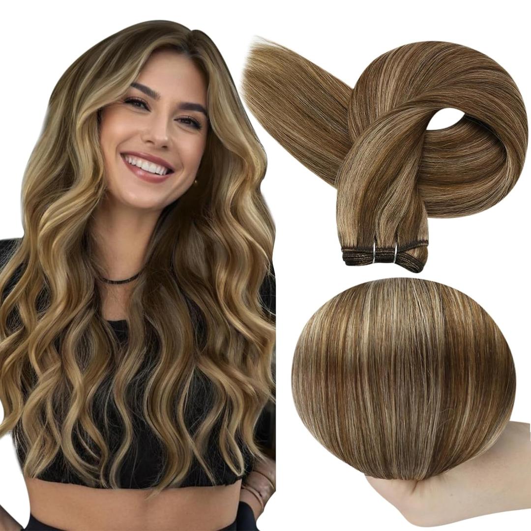 Full Shine Sew in Hair Extensions Human Hair Weft Hair Extensions 4 Medium Brown Highlight 27 Blonde Double Weft Remy Straight Hair Bundles 100Grams (14 Inch, # P4/27 Medium Brown Highlight Honey Blonde)