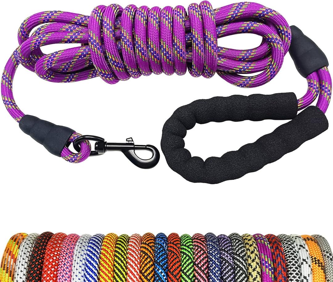 MayPaw Heavy Duty Rope Dog Leash, Long Dog Leash Nylon Pet Lead, Soft Padded Handle Thick Lead Leashes for Large Medium Dogs Training (15ft * 1/2", Purple)