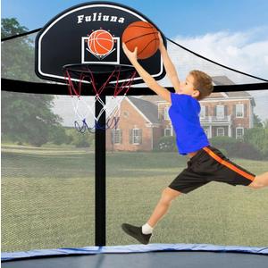 Trampoline Basketball Hoop, Basketball Hoop for Trampoline Fits for 25mm Straight Pole & Curved Pole, Trampoline Basketball Hoop Attachment with Protective Net,Mini Ball,Pump, Easy to Install