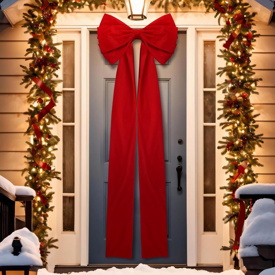 Extra Large Christmas Front Door Bow Decorations 27 x 78 Inch Giant Velvet Christmas Tree Topper Bow with Long Streamers Wreath Wall Decor for Home Xmas Room Holiday Porch (Red)