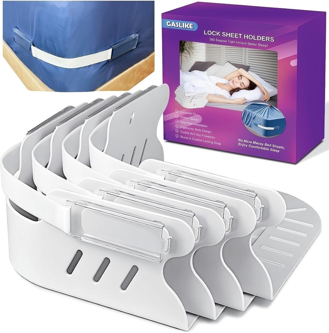 GASLIKE Lock Bed Sheet Holders with Anti-Slip Pads for Corners, 4Pcs Secure Bed Sheets Firmly in Place, Heavy Duty Bed Sheet Holder Straps for No More Loose Sheets, Easy Installation for All Mattress