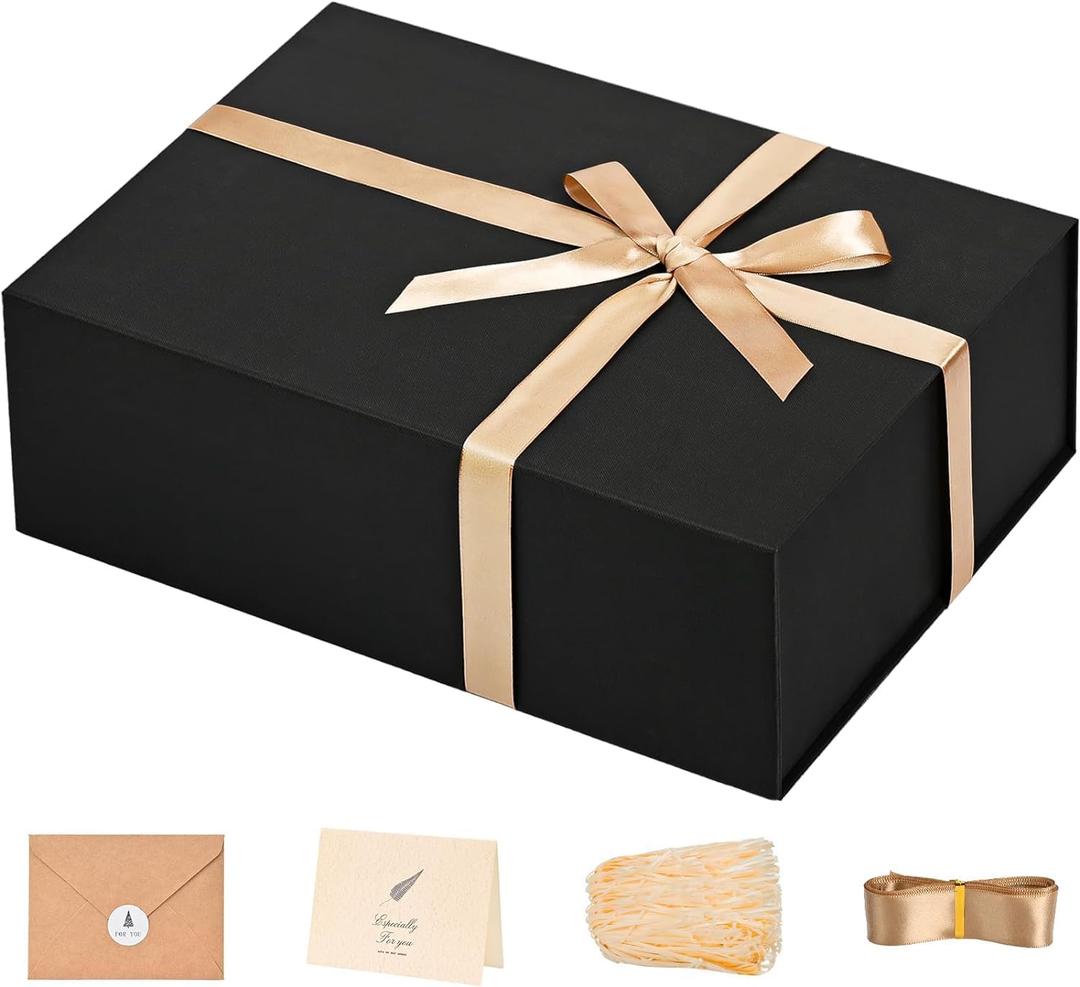 LIFELUM Gift Box 13.5''x10''x4'' Large Gifts Box with Magnetic Lids Black Gift Boxes for Mom Gifts Contains Card, Ribbon, Filler Mother's Day