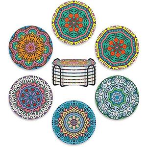 Nipichsha Coasters for Drinks, Set of 6 Cute Absorbent Ceramic Drink Coasters for Cup with Holder and Cork Base, Kitchen Home Decor Housewarming Gift, Round 4 in, Mandala Flowers