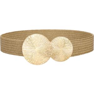 JASGOOD Woven Straw Elastic Belt for Women  Boho Braided Wide Waist Belt with Gold Buckle for Beach Dresses & Summer Outfits (Fit waist size 34''-38'')