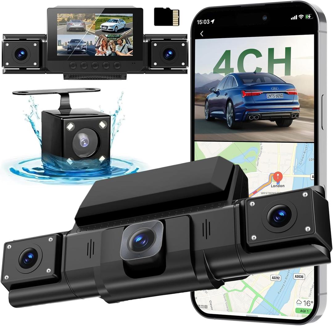 4 Channel Dash Cam,360 All-Around View Front Rear Left Right Inside Car Camera,3" IPS Screen,4-Way Dash Cam with 24H Parking Mode,Built-in GPS,8 IR Night Vision,G-Sensor,Free TF Card Included
