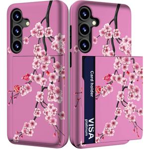 Compatible with Samsung Galaxy S24+ Plus & S25+ Plus Case with Card Holder Cute Shockproof Drop Protection Phone Wallet Slot Cover Cases for Women - Pink Blooming Sakura Cherry
