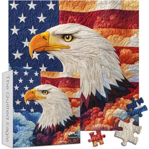 PICKFORU Embroidery Eagle Jigsaw Puzzles 1000 Pieces, American Flag Puzzles for Adults, Colorful Patch Theme as Home Decor
