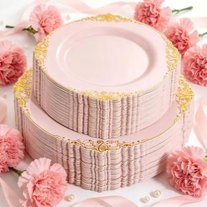 102PCS Pink Plastic Plates - Pink and Gold Plate - Heavyweight Disposable Plate with Gold Rim - Fancy Dinner & Dessert Plates for 51 Guests Weddings & Parties (7.5inch/10.25inch)