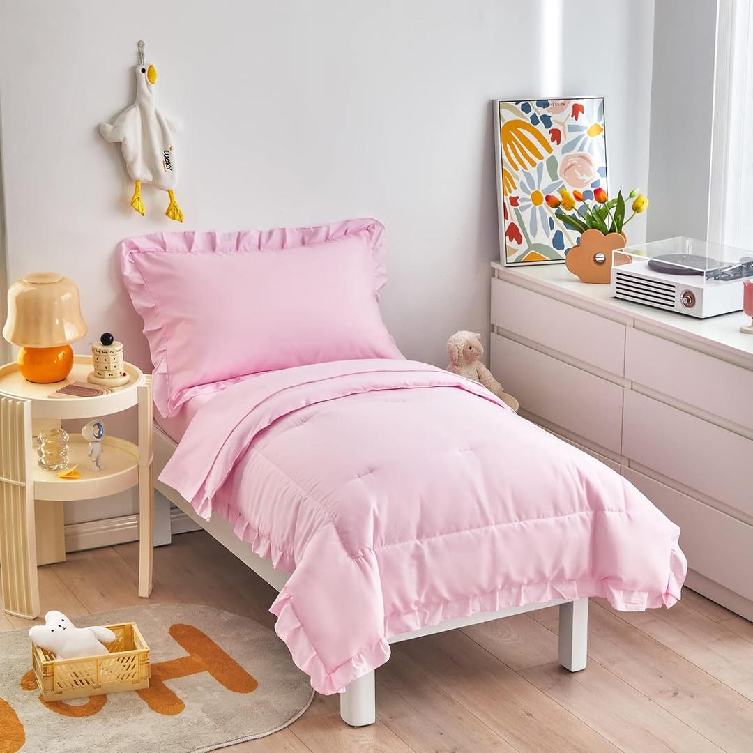 4 Pieces Pink Toddler Bedding Set with Ruffle Fringe, Solid Color Toddler Bed Set - 1 Toddler Comforter + 1 Fitted Sheet +1 Flat Sheet +1 Pillowcase for Baby Boys and Girls, 4 Pc Toddler Bedding Set