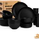 Wheat Straw Dinnerware Sets for 8,Plastic Plates and Bowls Sets 32-Piece, Unbreakable & Lightweight Dish Set, Camping Plates, Cereal Bowls, Cup Sets for Kitchen, Apartment Essentials - Black
