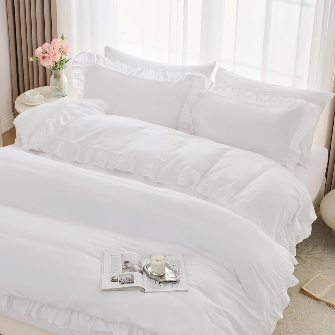 Horbaunal 5 Pcs White Ruffle Duvet Cover Queen Size Soft Microfiber Shabby Chic Ruffled Duvet Cover Set, Vintage French Country Ruffle Bedding Set with Zipper Closure & Corner Ties, 90" x 90"