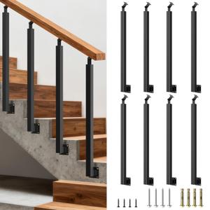 8 pcs Side Mount Stair Railing Post, 35.4 Inch Black Metal Baluster Spindles with 270 Adjustable Bracket for Indoor Outdoor Stairs, Deck, Porch & Balcony Railing