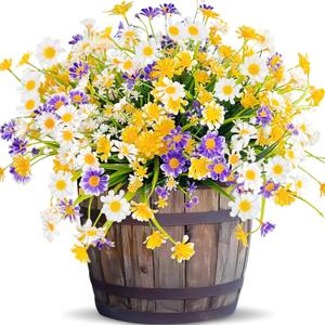 8 Bundles Artificial Daisy Flowers Outdoor Spring Decor,UV Resistant Fake Flowers Faux Plastic Greenery Shrub Plants for Hanging Gardens Window Box Porch Summer Cemetery Décor(Mix White Yellow Purple)