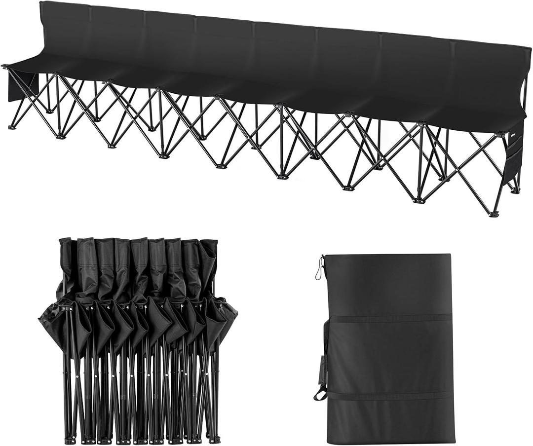VEVOR Portable Folding Bench, 8 Seats Foldable Sideline Bench, Outdoor Camping Bench Chair with Carry Bag & Backrest, Team Sport Sideline Bench for Football Fishing, No Assembly Instant Seating, Black