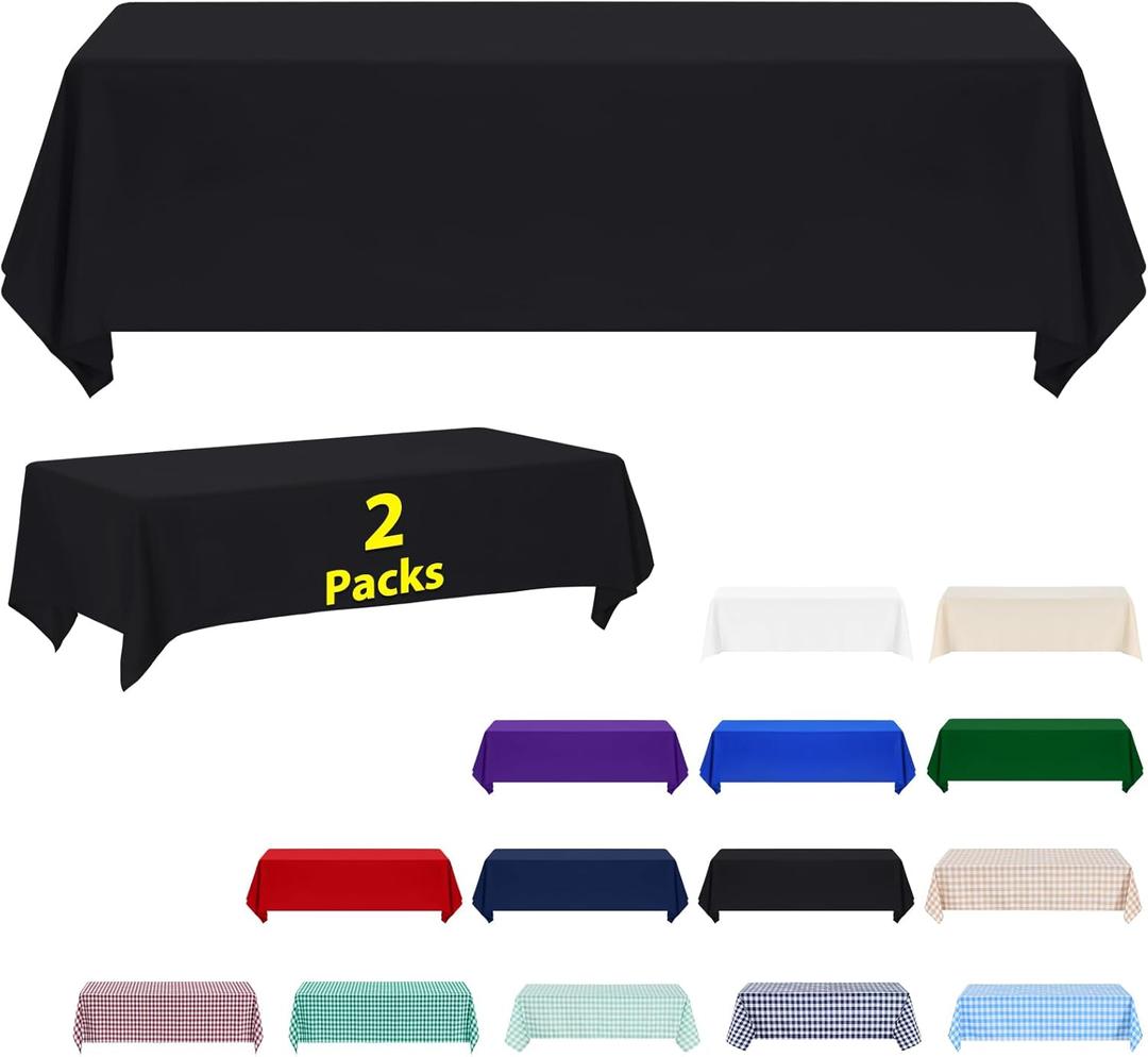 ABCCANOPY 2 Pack Rectangle Polyester Tablecloth 90 x 132 Inch Indoor Outdoor Stain-Resistant Washable Heavy-Duty Fabric Table Cover Elegant Home Decor Black
