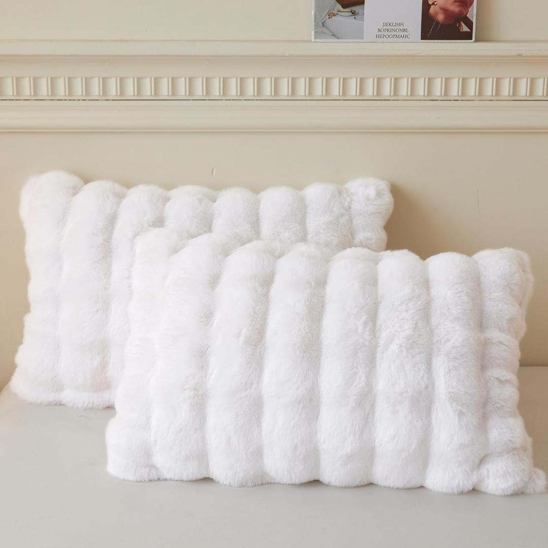 LIFEREVO 2 Pack Fluffy Faux Rabbit Fur Pillow Cases, Luxury Soft Plush Shaggy Bubble Waffle Pillowcases King Size Zipper Closure, Furry Fuzzy Long Pillow Shams for Bedroom Living Room 20x36, White