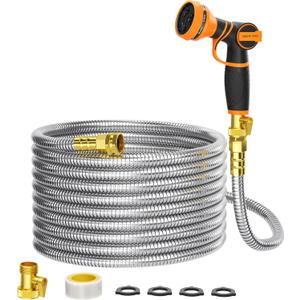 Giraffe Tools Garden Hose 75ft x 5/8", 304 Stainless Steel Metal Water Hose, No Kink Garden Water Hose with 9 Pattern Spray Nozzle, Flexible, Lightweight, Kink Free Hose for Yard, Outdoor