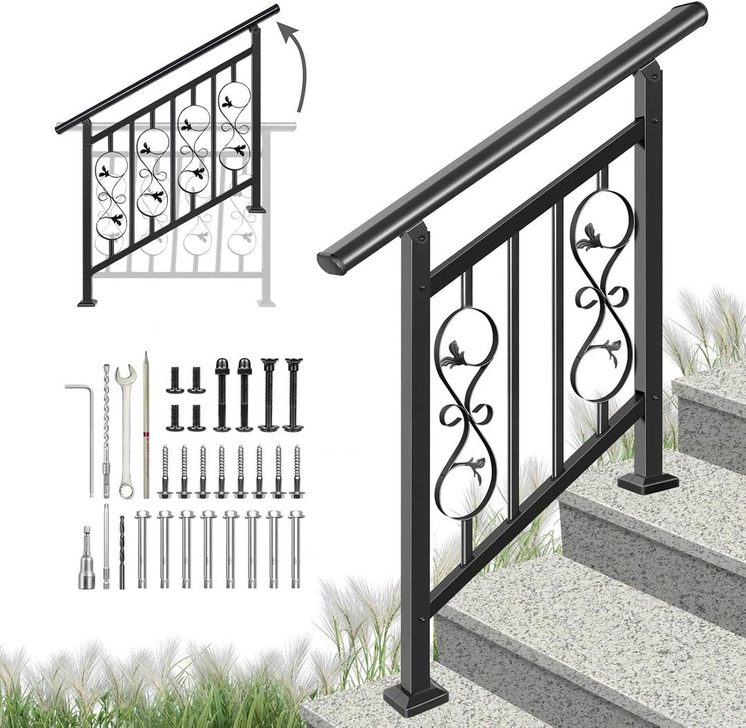 Adjustable Unique Design Handrails for Outdoor Steps, Black