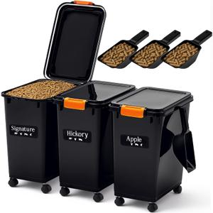 Maxdot 3 Sets 22lb Dry Pellet Storage Bin Kit with wheels, Scoops and Labels Grill Accessories Wood Pellet Storage Containers with Flavor Stickers Airtight for Grill Pellets