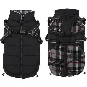 Geyecete Winter Warm Coat Waterproof Dog Jacket with Harness Traction Belt, Pet Outdoor Jacket - Black - L