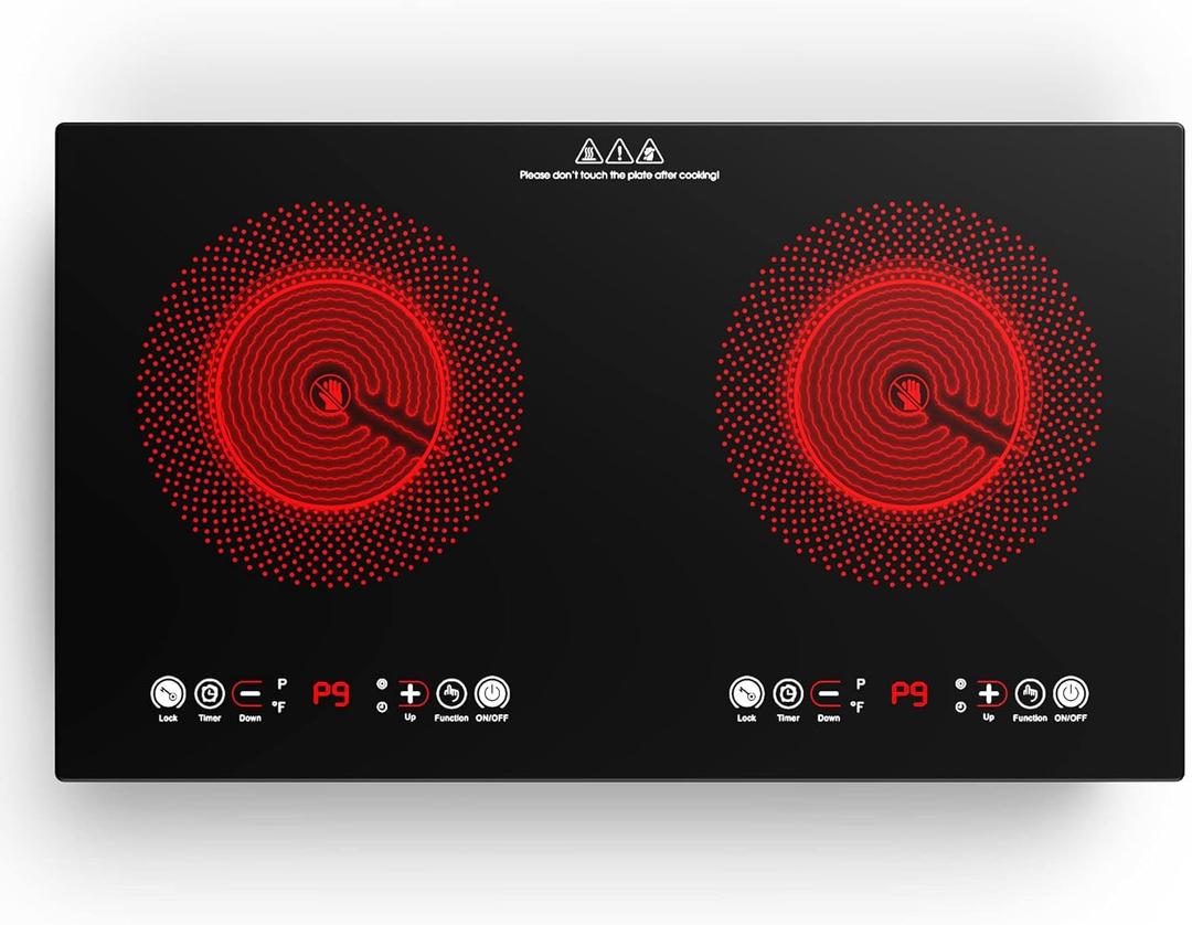 VBGK Electric cooktop,110V 24 inch 2 Burner Electric Cooktop,Built-in and Countertop Stove Top,2200W Stove,9 Power Levels, Kids Lock & Timer,LED touch control,Overheat Protection, Double Burner Electric Cooktop