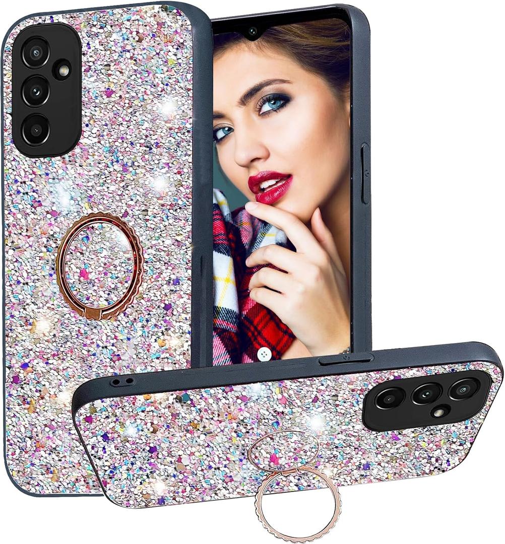 Bling Glitter Case for Samsung Galaxy A13 5G for Women Girls,Cute Sparkle Soft TPU Cover with Ring Kickstand Phone Case for Samsung Galaxy A13 5G/ Galaxy A04s CZ-Silver
