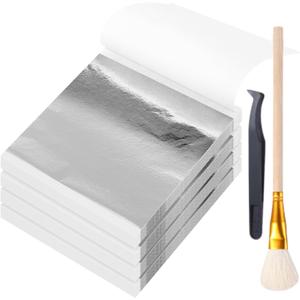 Maitys 400 Pcs Imitation Gold Leaf Sheet, for Art Silver Foil Sheet Set with Brush and Nipper for Painting Gilding Picture Frame Sculpture DIY Craft Decoration Furniture, 3.5 x 3.5 Inches(Silver)