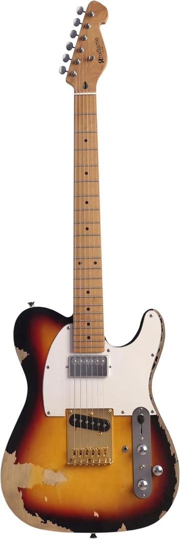 6-String 3-Tone Sunburst Vintage Electric Guitar, Alder Body, Roasted Maple Neck, Rounded Frets, Vintage Tuners, Full Size Professional Electric Guitar for Adults with Coil Tap Switch