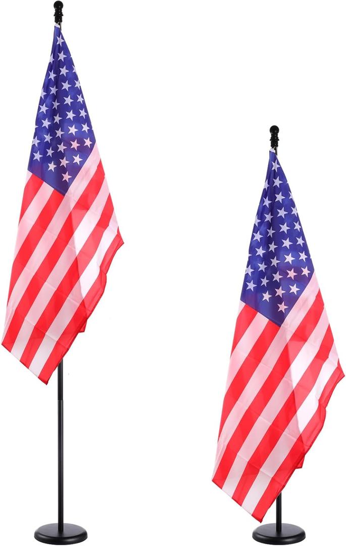 iElyiEsy 2 Pack 6FT Indoor Flagpole Kit with Black Ball Topper, Sectional Flag Pole with Round Base Stand, Premium Aluminum Pole Heavy Duty Flag Pole with US Flag for Schools, Office, Hall