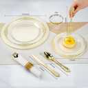 Bestluck 350PCS Clear Plastic Plates for 50 Guests, Disposable Dinnerware Sets Include 50 Gold Rim Plastic Plates, 25 Silverwares, 25 Cups, and 25 Pre Rolled Napkins for Party, Wedding and Graduation