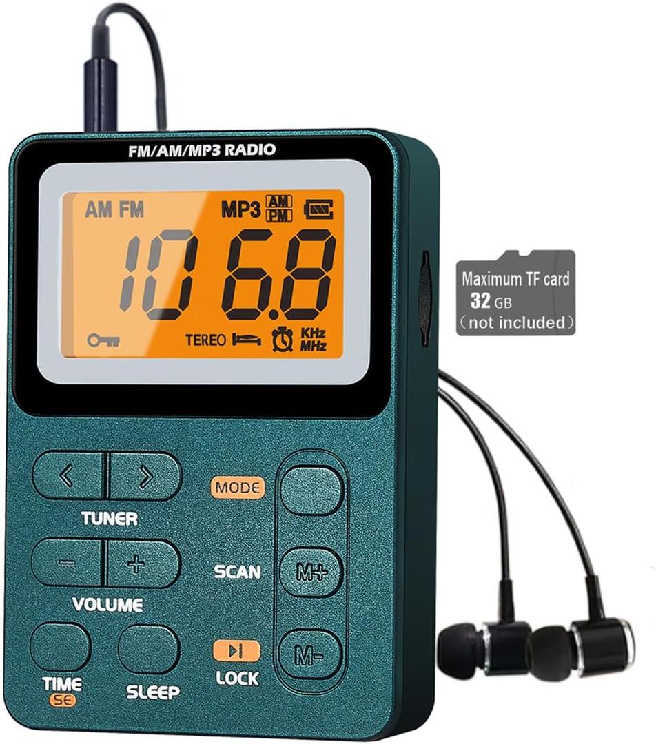Portable Radio AM FM, Rechargeable Pocket Speaker with Best Reception Digital Tuning, MP3, Stereo Earphone, Large LCD Screen, TF Card Socket, Transistor Radio for Jogging/Gym/Camping…