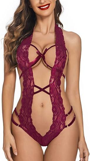 Avidlove Women Deep V Halter Lingerie Teddy One Piece Bodysuit Lace Babydoll M