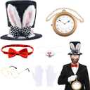 White Rabbit Costume 6Pcs Bunny Dress Up Accessories Set Rabbits Ears Plush Topper Hat Bunny Nose Rabbit Clock Glasses Bow Tie Gloves for Easter Halloween Party Costume