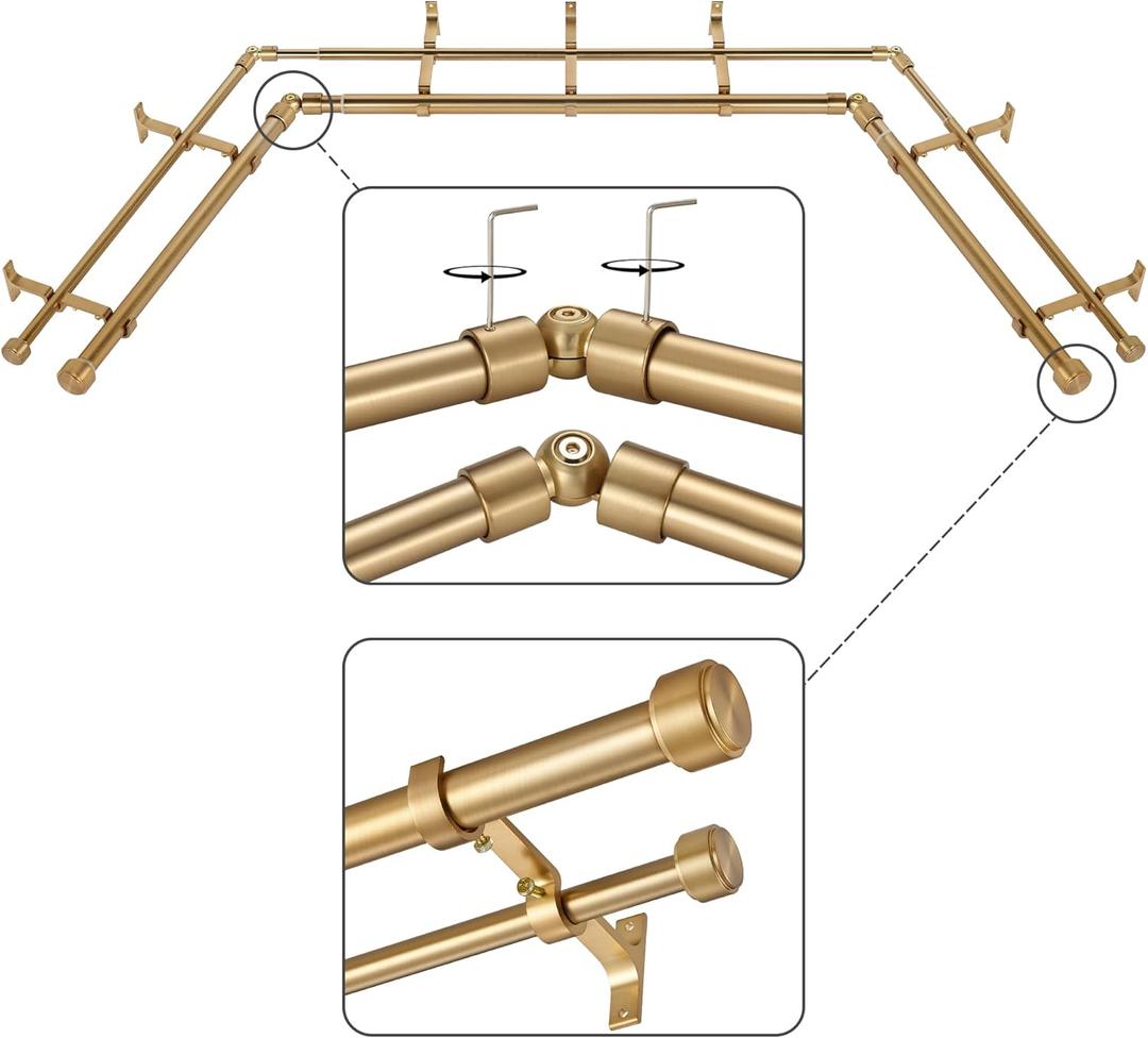 Warm Gold Double Corner Window Curtain Rods with Aluminum End Cap Finials and Brackets,1 Inch Diameter Dual Bay Window Curtain Rods, Adjustable 2 Sided 20-36" and 36-72" Center Double Rod