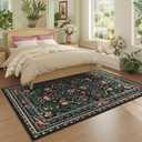 5x7 Washable Rug Vintage Floral Botanical Area Rug Non Slip Low Pile Large Rugs for Living Room, Bedroom, Farmhouse, Dining Room, Kids Playroom, Black