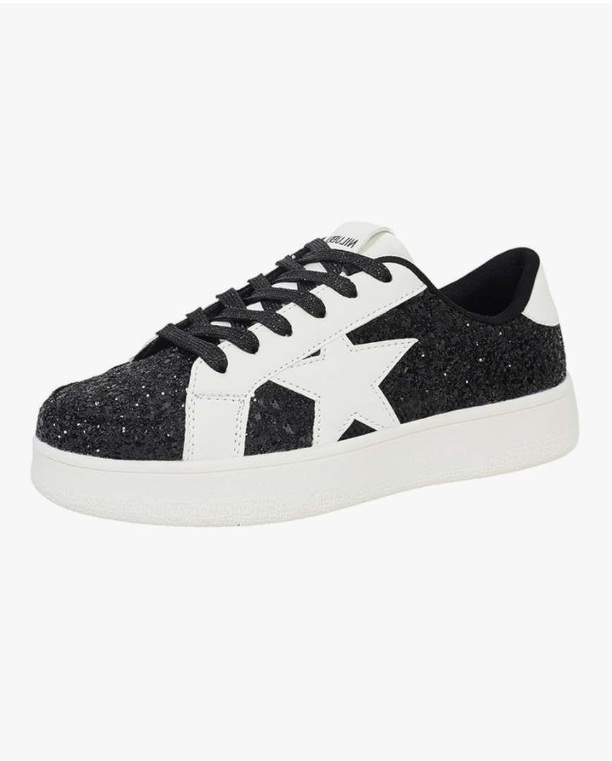 Niluber Star Sneakers for Women Low Top Comfortable Cushioned White Gold Sliver Leopard Platform Sneakers Lace Up Red Glitter Platform Party Shoes 11