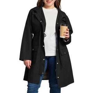 Kikibell Plus Size Waterproof Jackets for Women Raincoats Rain Jacket Windbreaker Lightweight Trench Coat with Hood Black 2XL
