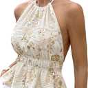 MakeMeChic Women's Sequin Floral Embroidery Halter Top Sleeveless Tie Back Y2K Party Tops (White, L)